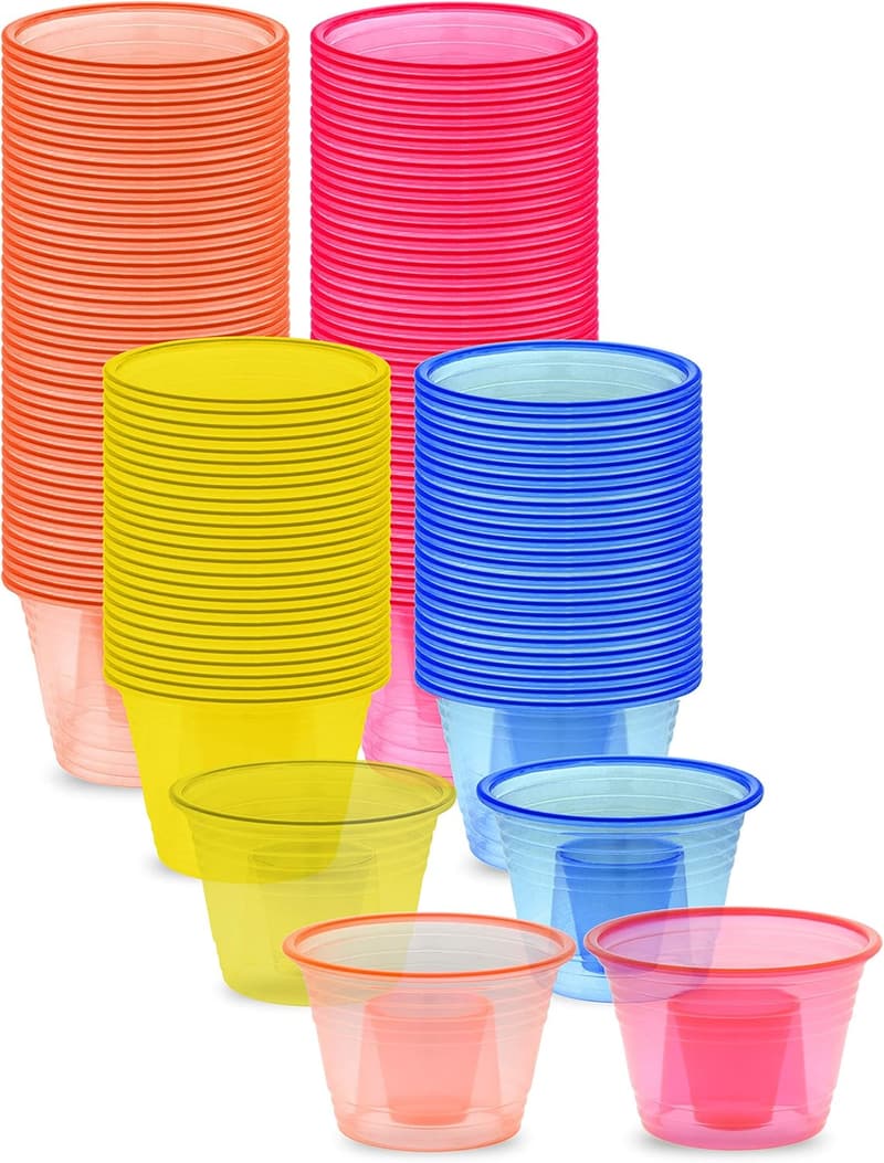 Assorted Neon Party Bomber Cups - 100 pcs, 1 oz Inner, Stackable