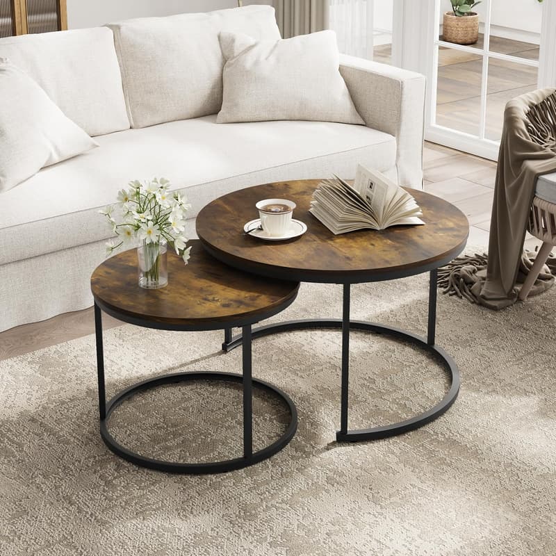 Rustic Round Nesting Coffee Tables Set of 2, 27.6