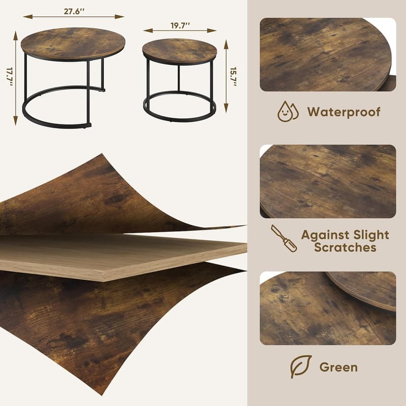 Rustic Round Nesting Coffee Tables Set of 2, 27.6