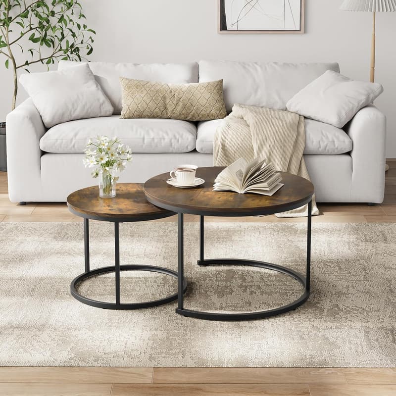 Rustic Round Nesting Coffee Tables Set of 2, 27.6