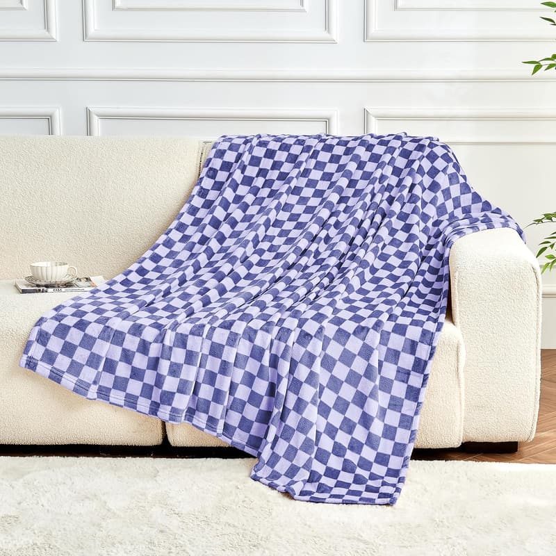 Cozy Periwinkle Blue Checkered Fleece Throw Blanket 60