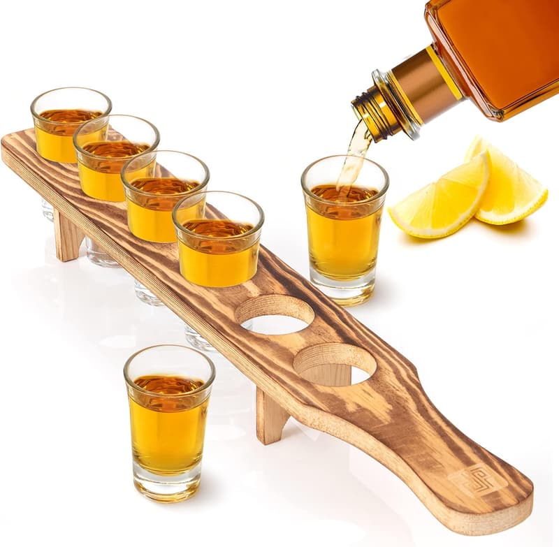 Rustic Tequila Shot Glass Set with Wooden Tray – 6 Clear Glasses