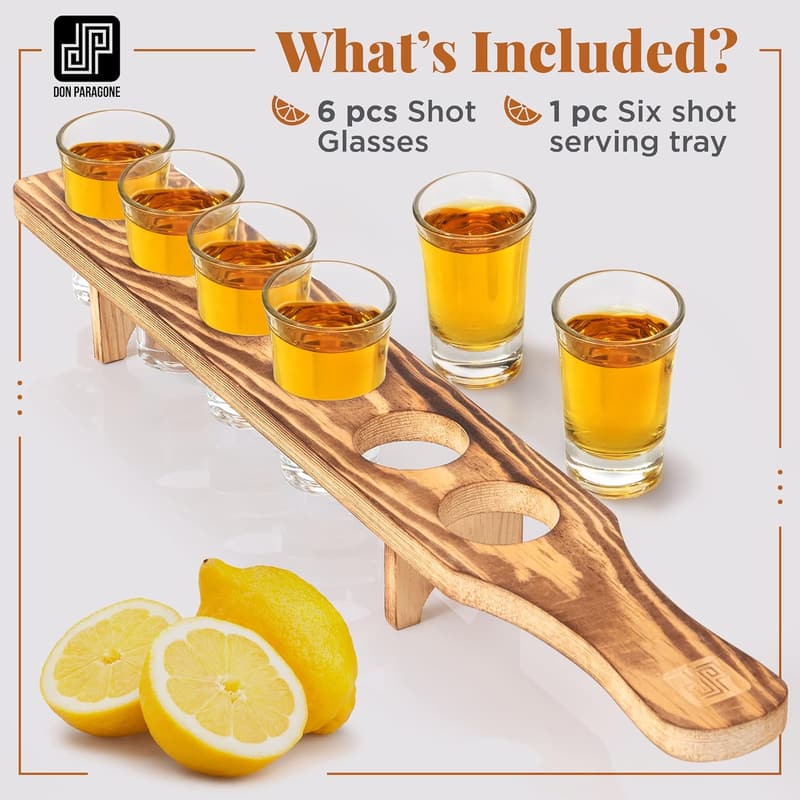 Rustic Tequila Shot Glass Set with Wooden Tray – 6 Clear Glasses
