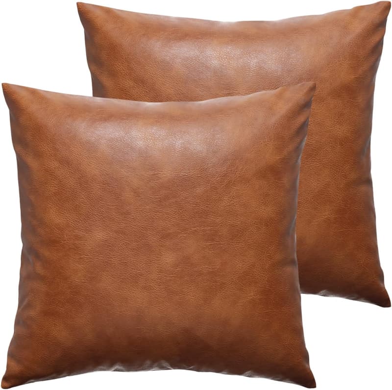 Brown Faux Leather Throw Pillow Covers, 18x18 Inch, Set of 2