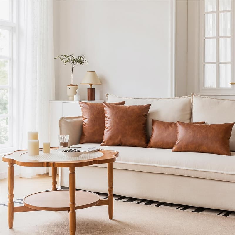 Brown Faux Leather Throw Pillow Covers, 18x18 Inch, Set of 2