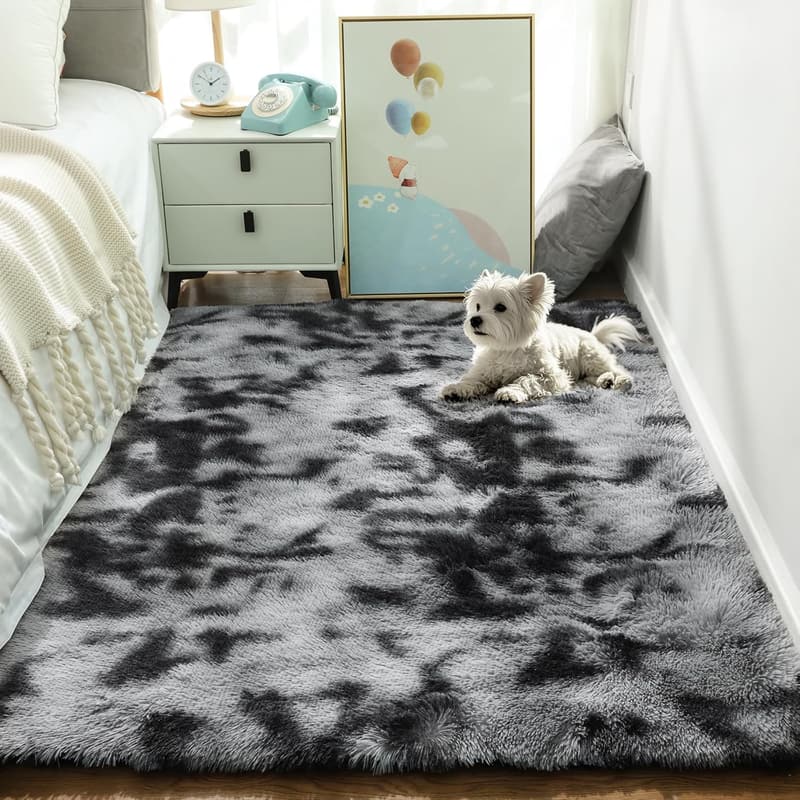 Plush Tie-Dyed Black & Grey Shag Rug for Kids' Rooms, 4x6