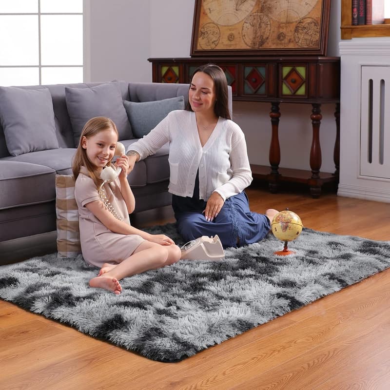 Plush Tie-Dyed Black & Grey Shag Rug for Kids' Rooms, 4x6