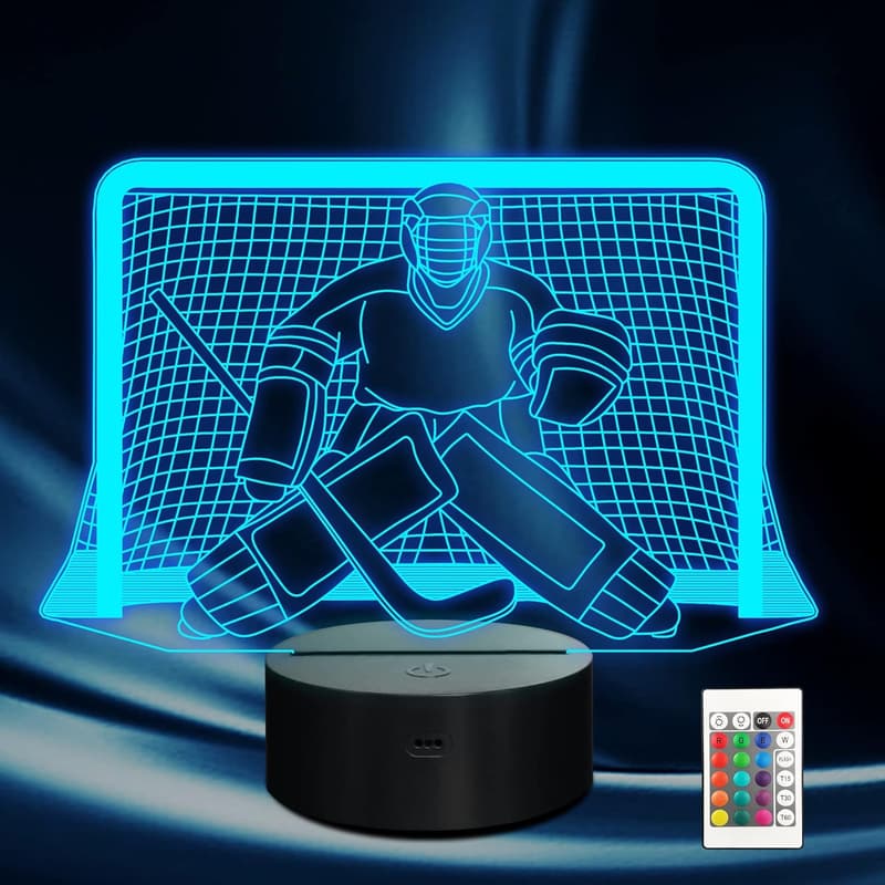 Ice Hockey Night Light - 3D Goalie Lamp with Remote, 16 Colors