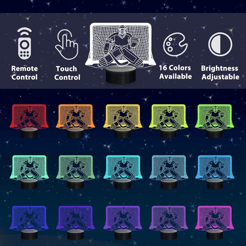 Ice Hockey Night Light - 3D Goalie Lamp with Remote, 16 Colors