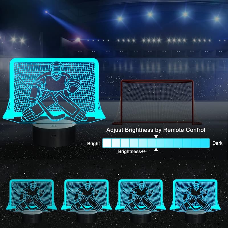Ice Hockey Night Light - 3D Goalie Lamp with Remote, 16 Colors
