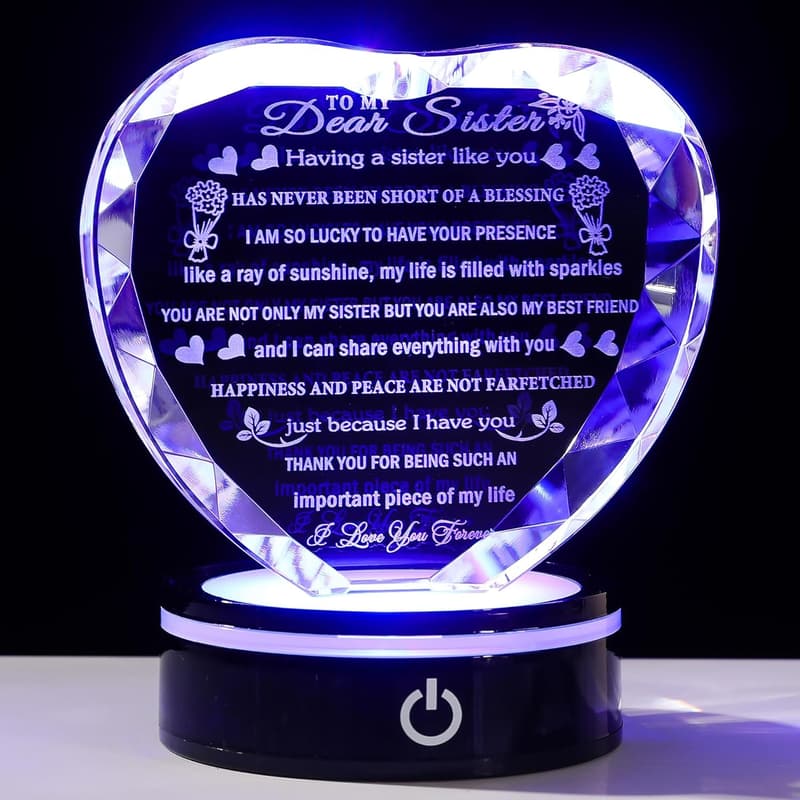 Heart Crystal Keepsake for Sister with Colorful LED Base