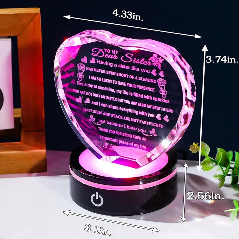 Heart Crystal Keepsake for Sister with Colorful LED Base