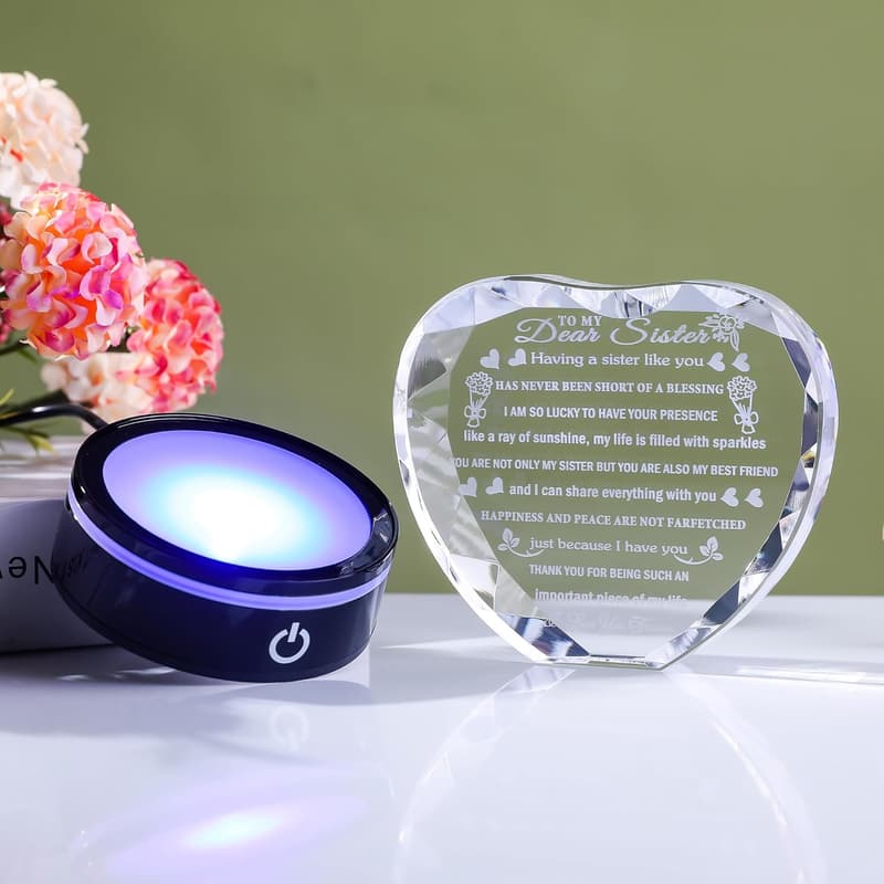 Heart Crystal Keepsake for Sister with Colorful LED Base