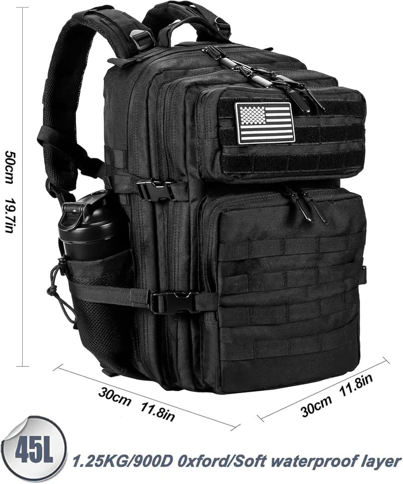 45L Tactical Backpack for Men and Women - Black Rucksack
