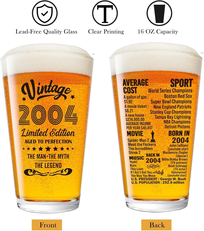 21st Birthday Vintage Beer Glass Gift for Him