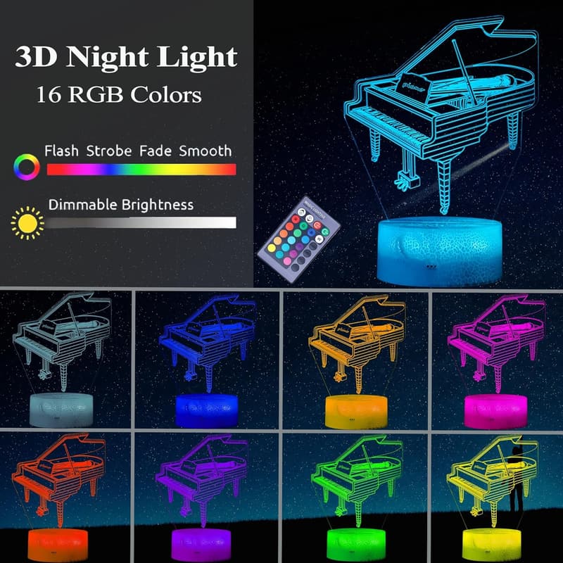 Piano 3D Illusion Lamp with Remote - Color-Changing Night Light