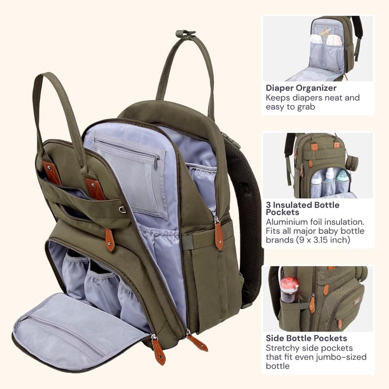 Unisex Army Green Diaper Bag Backpack with Changing Pad