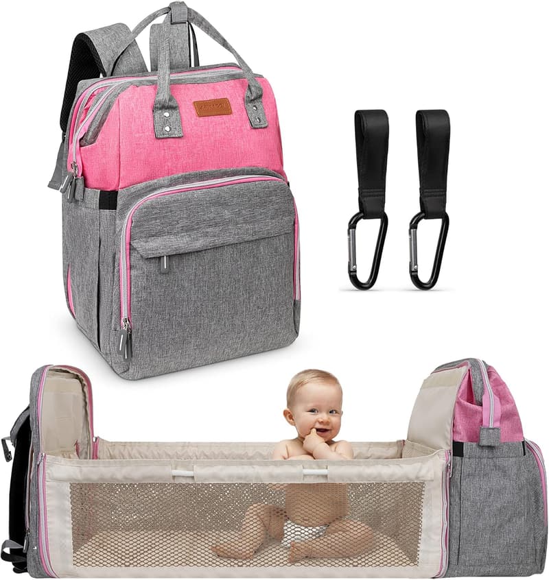 Multifunctional Grey Pink Baby Diaper Bag Backpack for Moms