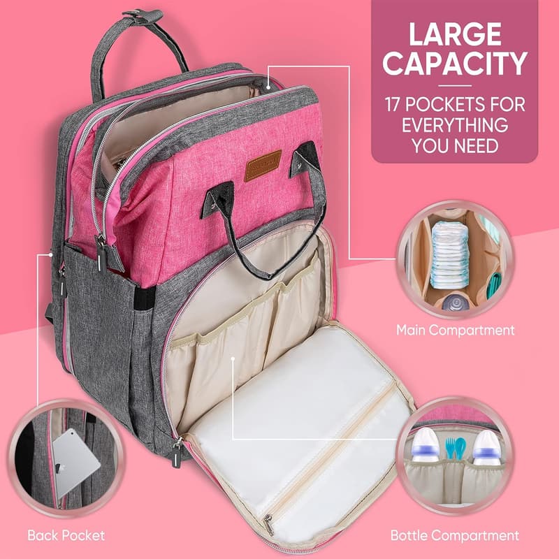 Multifunctional Grey Pink Baby Diaper Bag Backpack for Moms