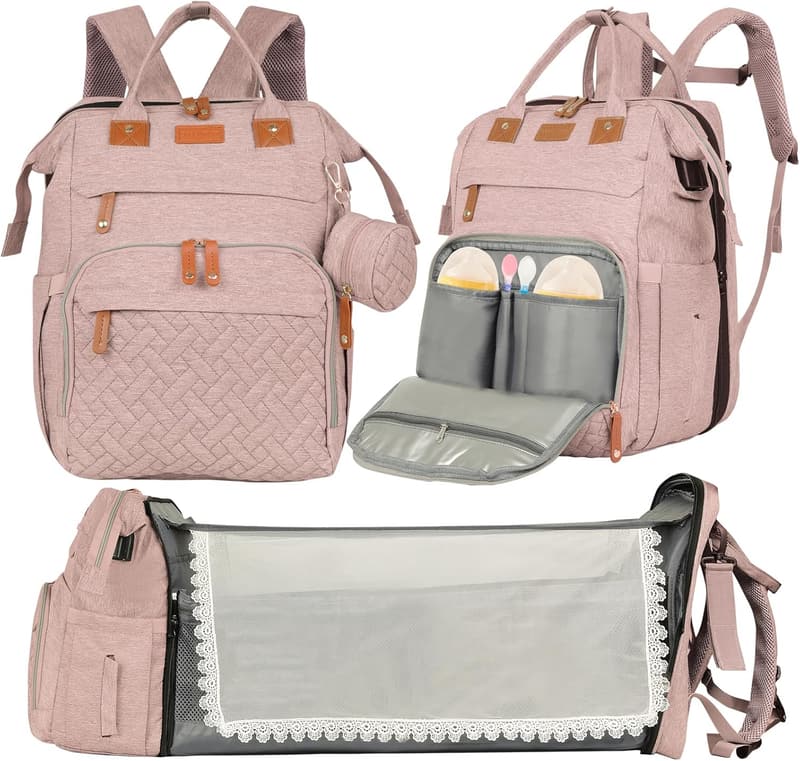 Multifunctional Diaper Bag Backpack with Changing Station - Pink