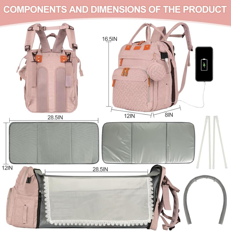 Multifunctional Diaper Bag Backpack with Changing Station - Pink