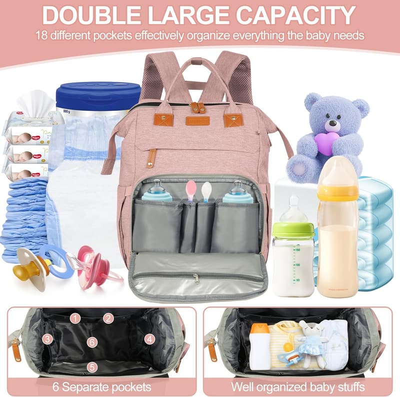 Multifunctional Diaper Bag Backpack with Changing Station - Pink