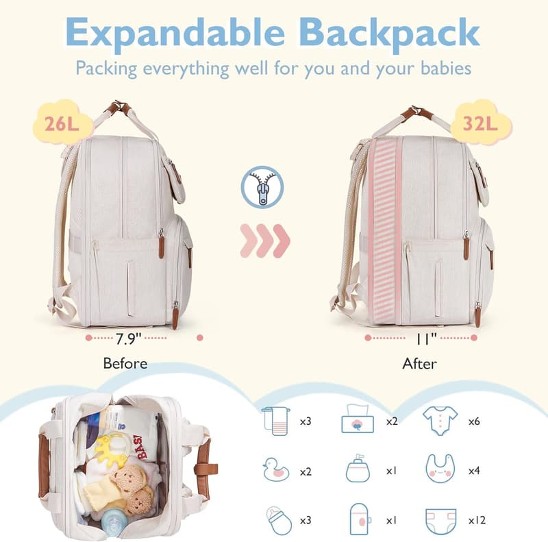Expandable Diaper Bag Backpack for Twins - Water Resistant