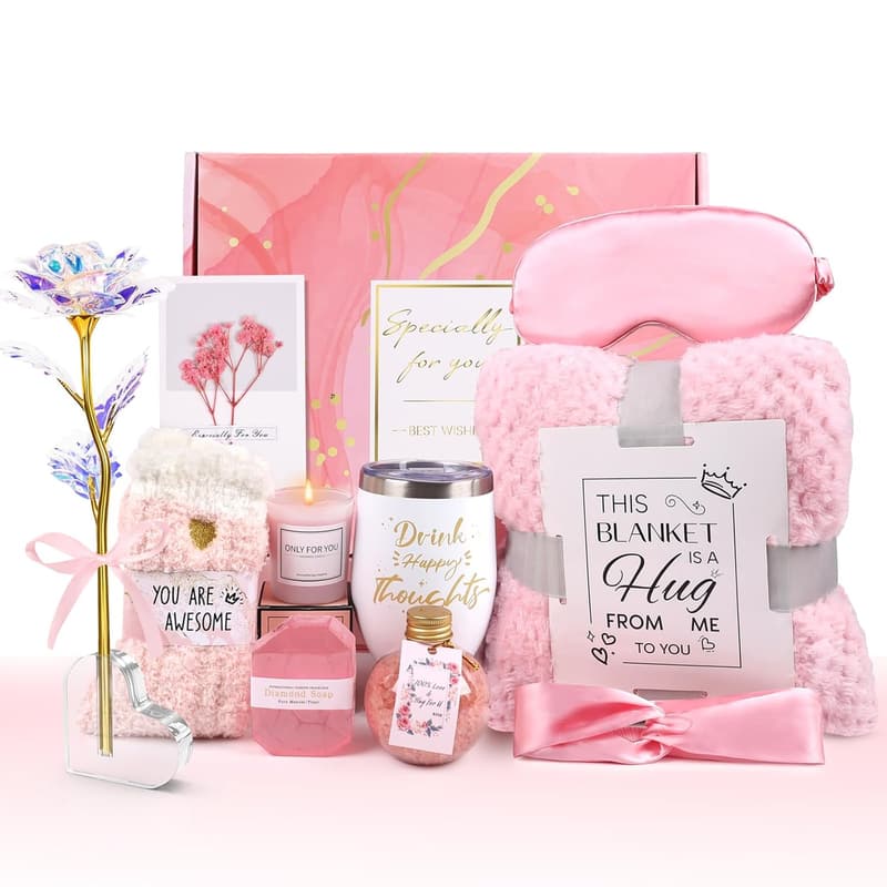Birthday Self-Care Spa Gift Basket with Flannel Blanket for Women