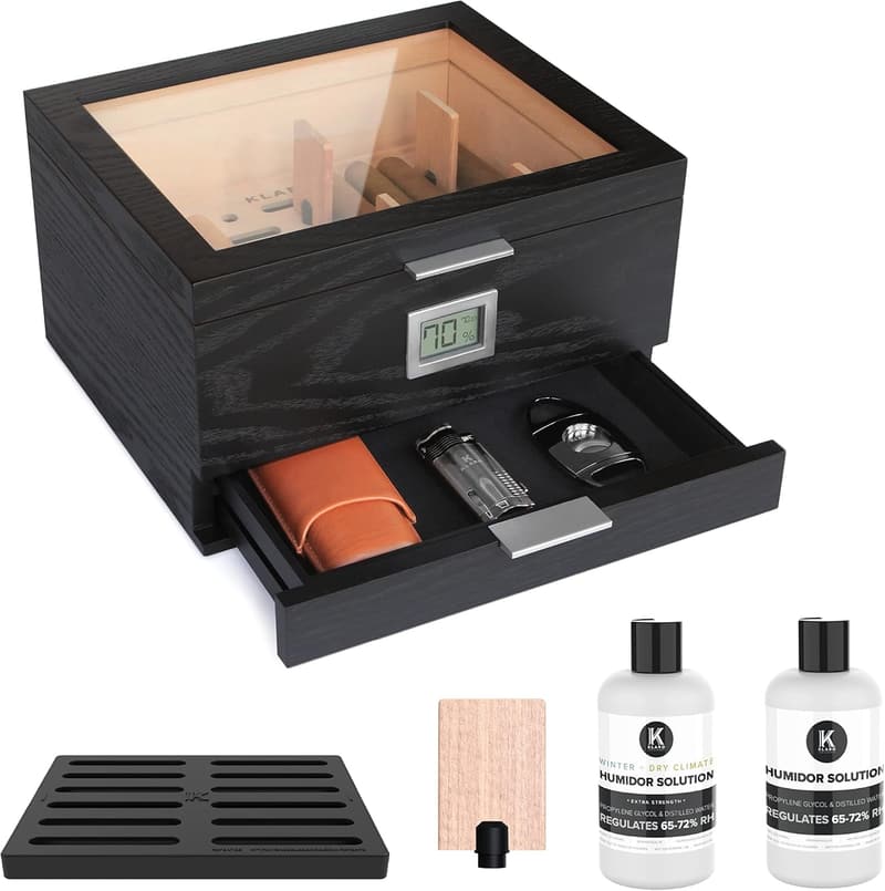 Elegant Black Glass Top Cedar Humidor with Digital Hygrometer