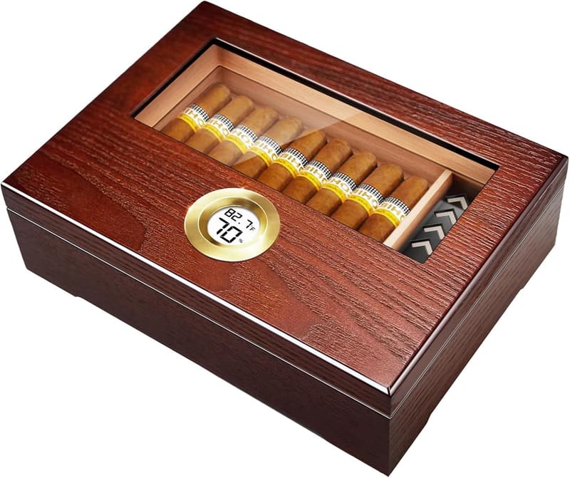 Cedar Wood Cigar Humidor Box with Glass Top for 20-25 Cigars