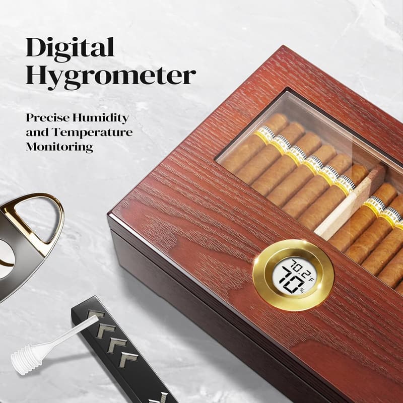 Cedar Wood Cigar Humidor Box with Glass Top for 20-25 Cigars
