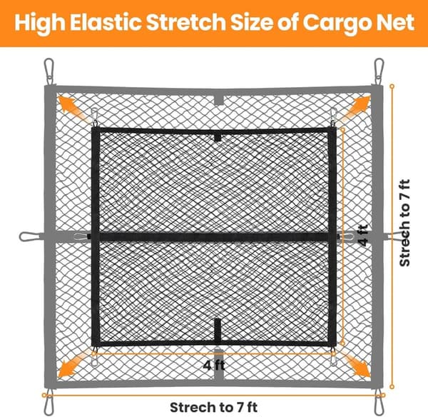 Elastic Cargo Net for Pickup Truck Bed - 4'x4' Stretches to 7'x7'