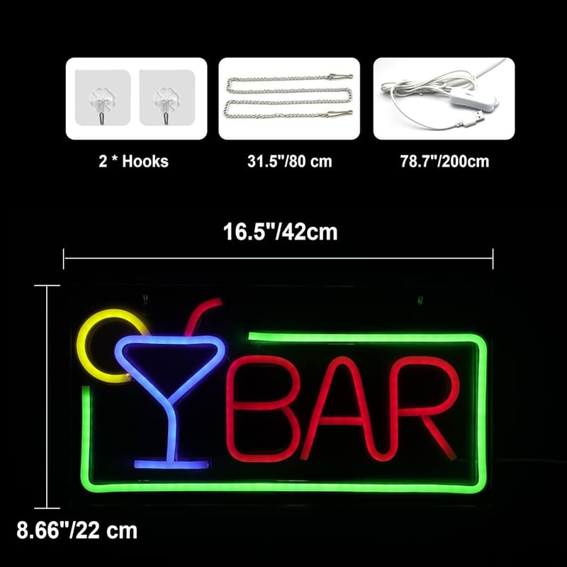 LED Neon Bar Sign, USB Powered for Home Man Cave or Birthdays