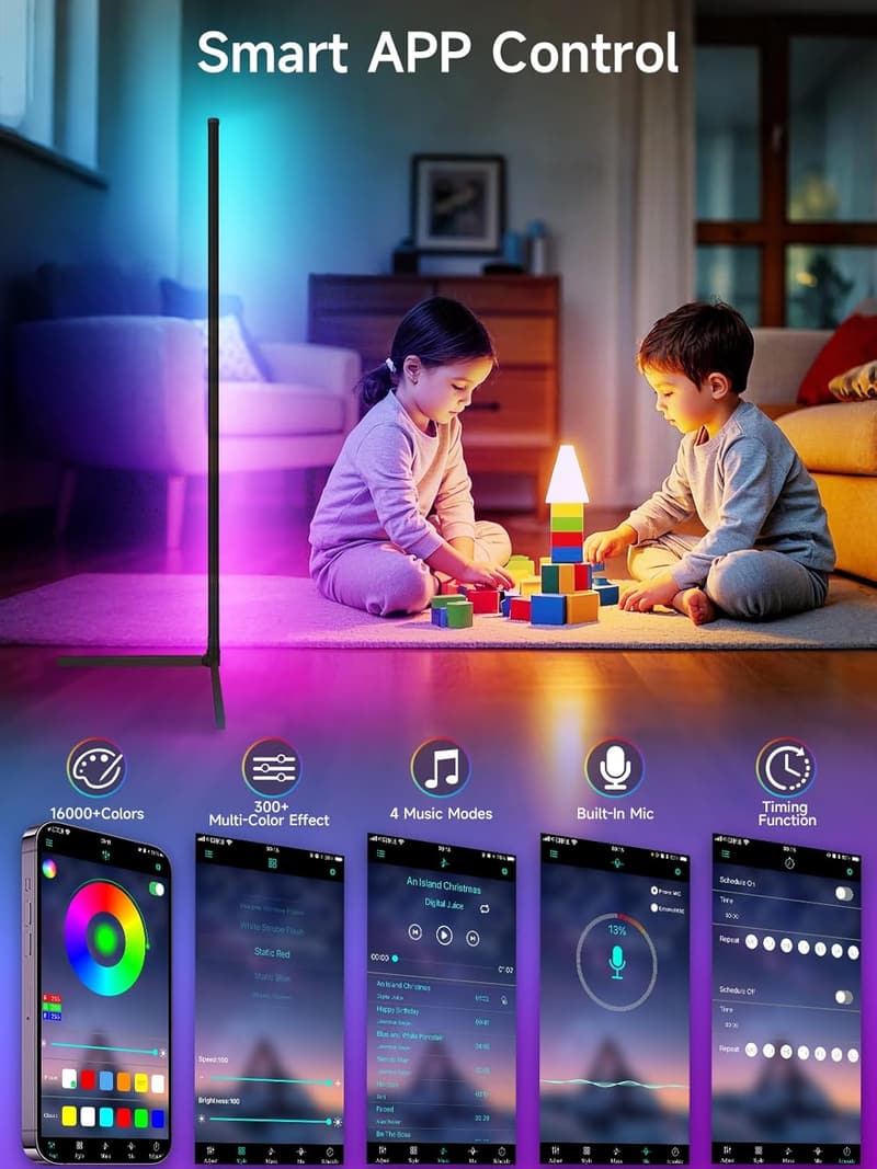 RGB LED Corner Floor Lamp with Music Sync & Smart Control