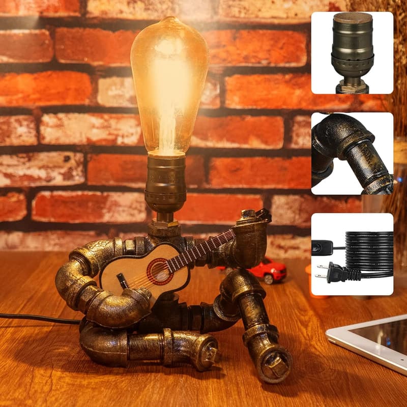 Steampunk Table Lamp - Antique Pipe Design with Edison Bulb