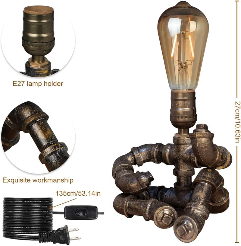 Steampunk Table Lamp - Antique Pipe Design with Edison Bulb