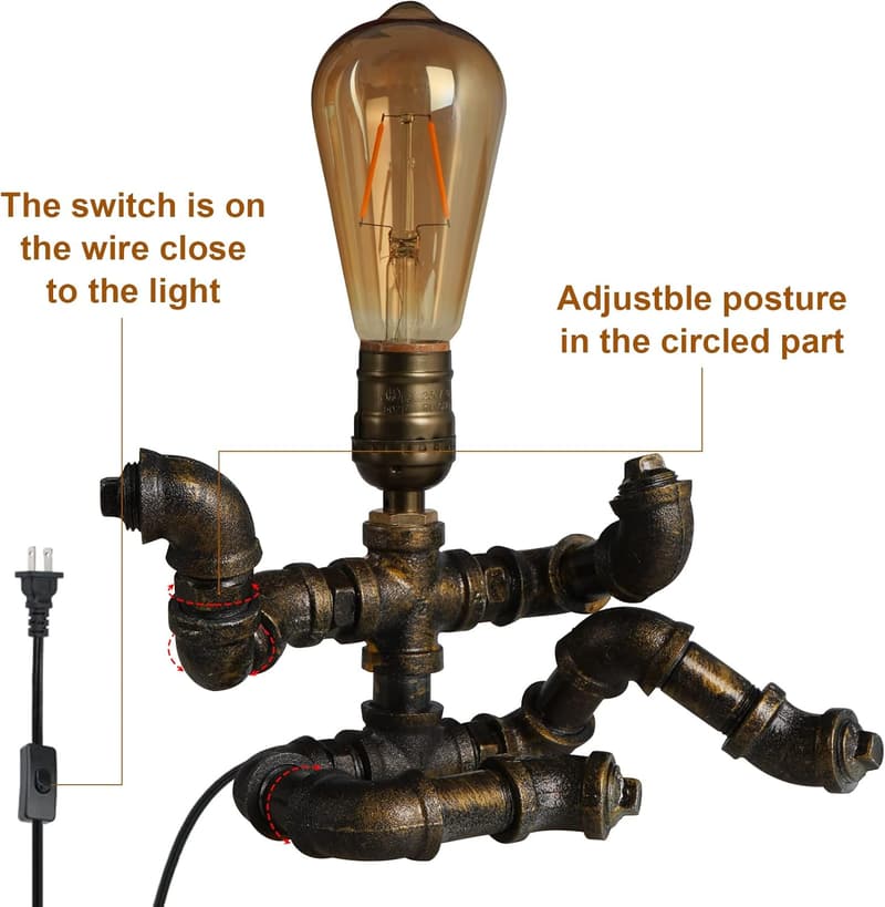 Steampunk Table Lamp - Antique Pipe Design with Edison Bulb