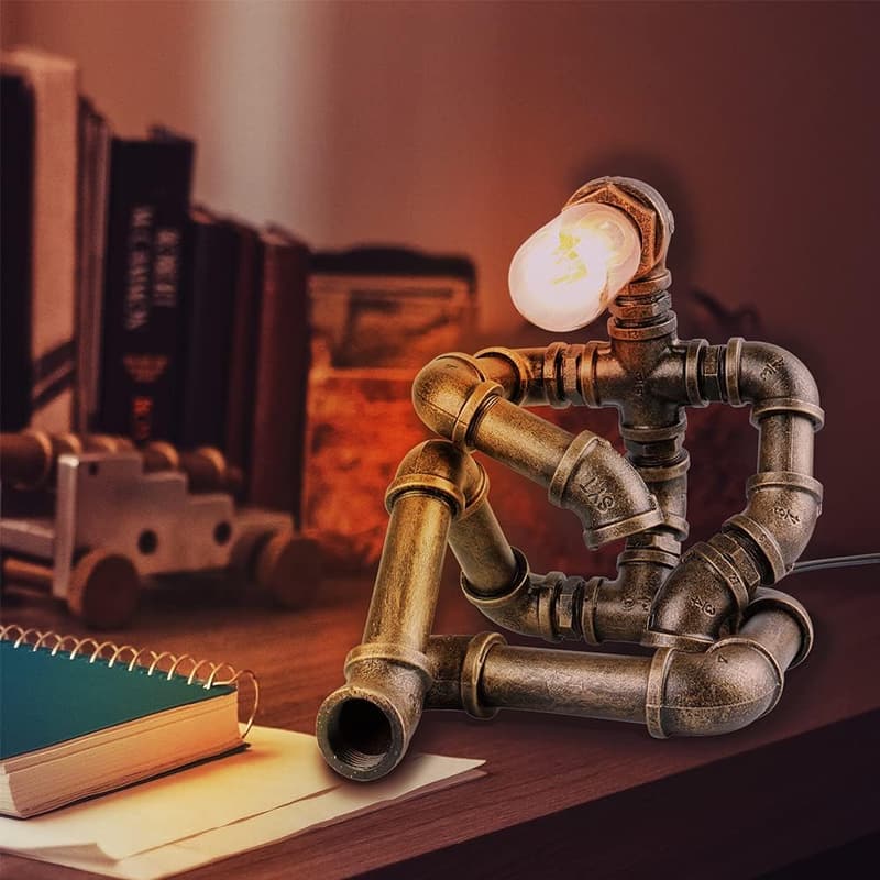 Vintage Industrial Steampunk Robot Table Lamp for Desk or Nightstand