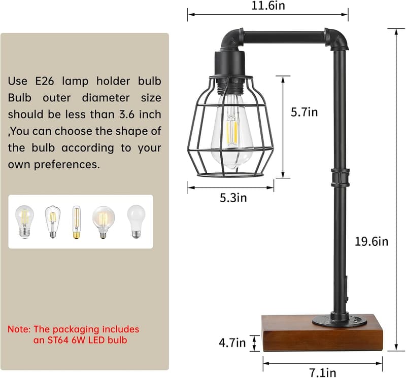 Industrial Steampunk Table Lamp with Edison Bulb, Metal