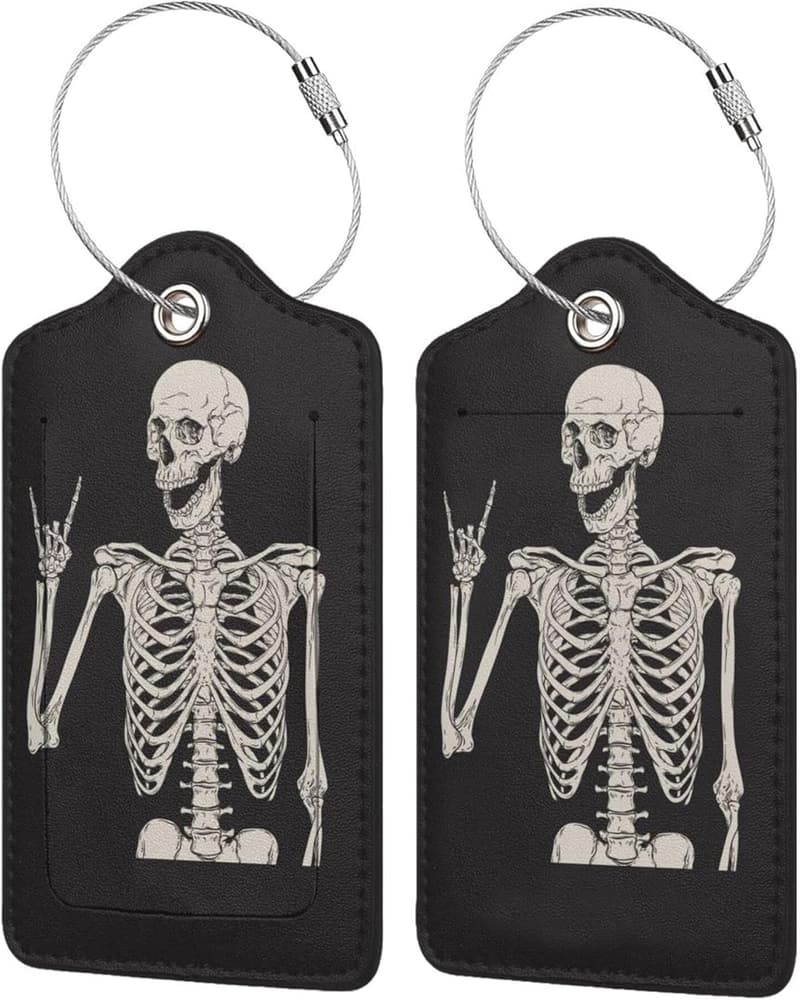 Cool Skull Rock and Roll Leather Luggage Tags - 2 Pack