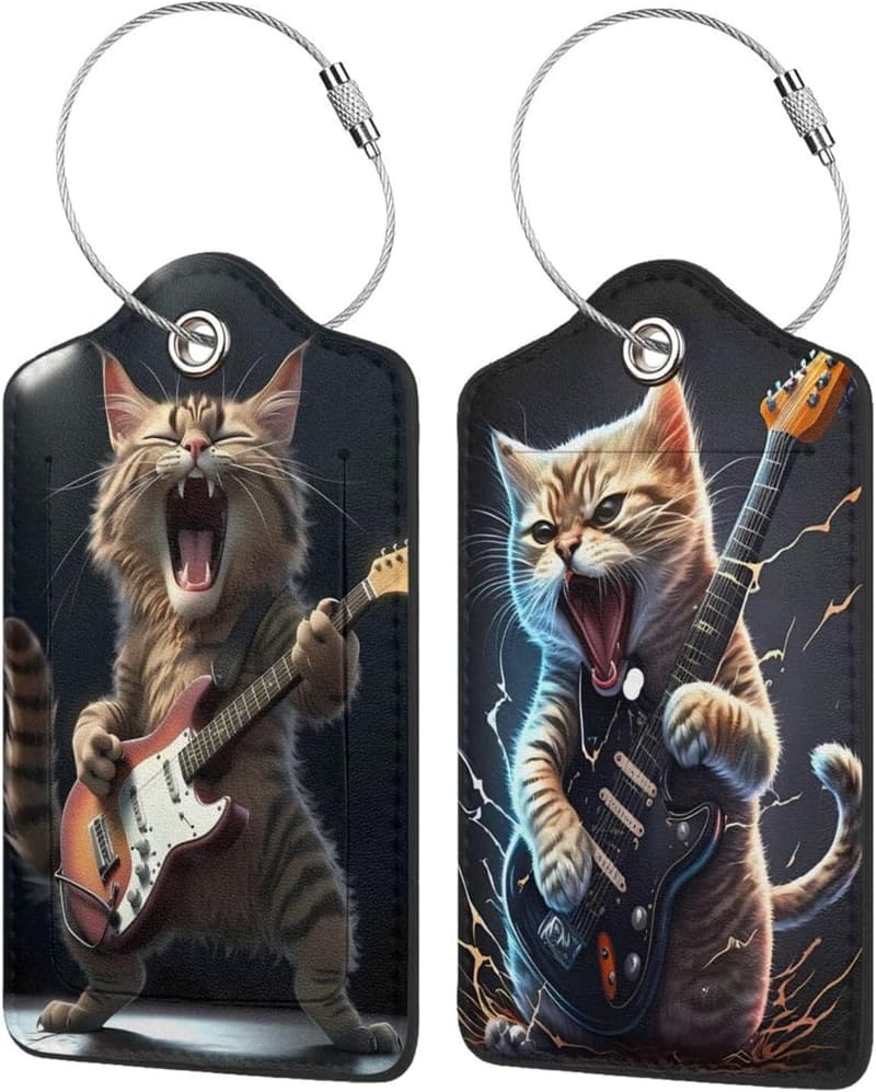 Cute Cat Guitar Luggage Tag Set - Leather & Stainless Steel