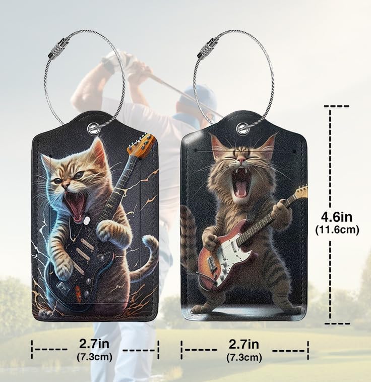 Cute Cat Guitar Luggage Tag Set - Leather & Stainless Steel