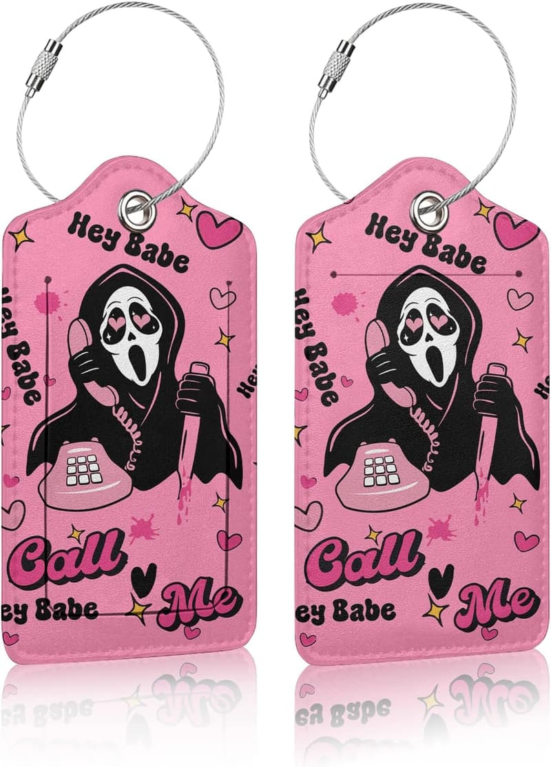 Pink Ghost Face Luggage Tags - 2 Pack Travel Labels with Steel Loops