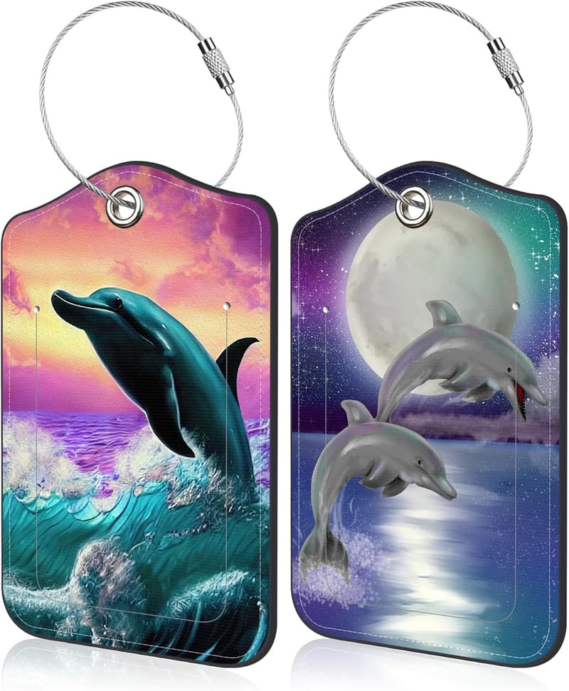 Set of 2 Leather Luggage Tags with Privacy Cover for Travel