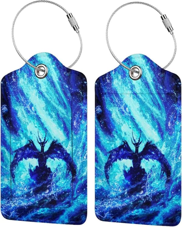 Cool Blue Dragon Luggage Tags Set - Stainless Steel with ID Cover