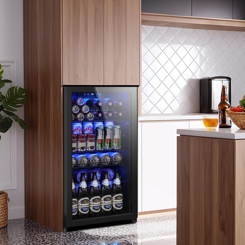 Mini Beverage Fridge with Glass Door & Adjustable Shelves