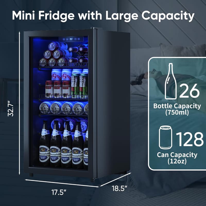 Mini Beverage Fridge with Glass Door & Adjustable Shelves