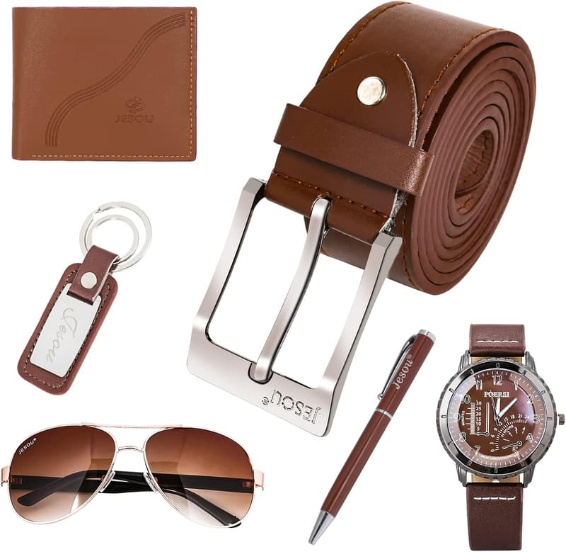 Valentine's Day Men's Gift Set: Brown Leather Belt, Wallet & Watch