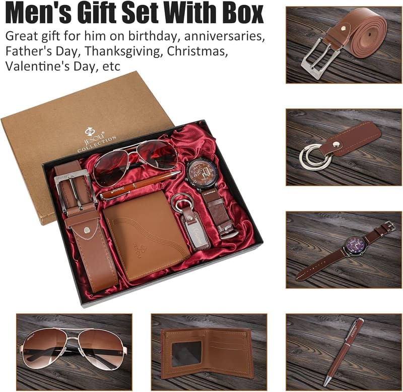 Valentine's Day Men's Gift Set: Brown Leather Belt, Wallet & Watch