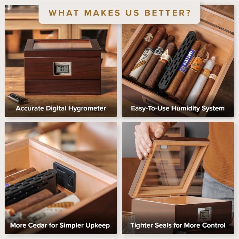 Renzo Glass Top Cedar Humidor with Digital Hygrometer